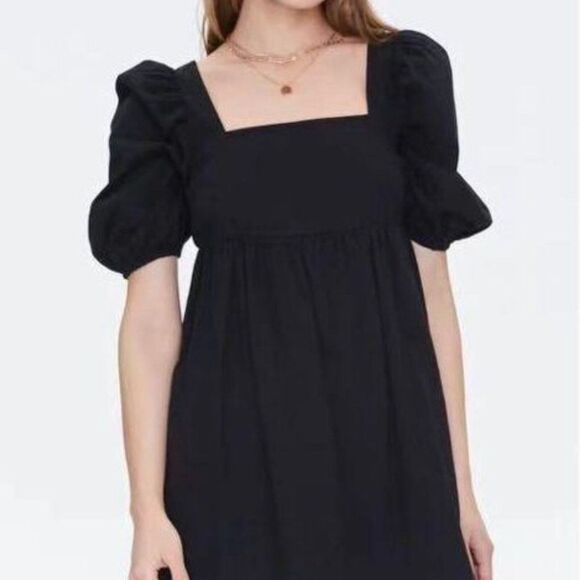 Lumiere Dresses & Skirts - NWT 100% Cotton Lumiere Black Square Neck Puff Sleeve Mini Baby Doll Dress Large